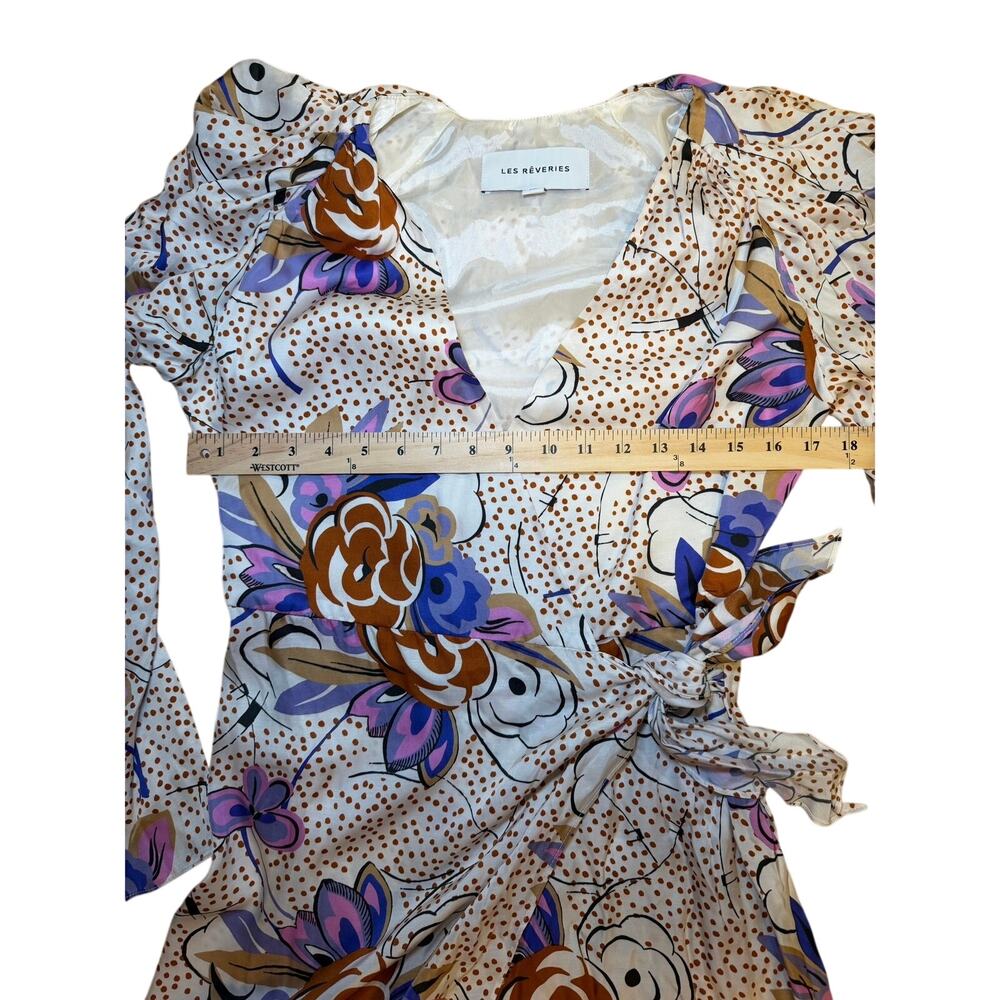 Les Reveries Floral Polka‎ Dot Wrap Midi Dress Purple Brown Blue Size 4 - Picture 4 of 6